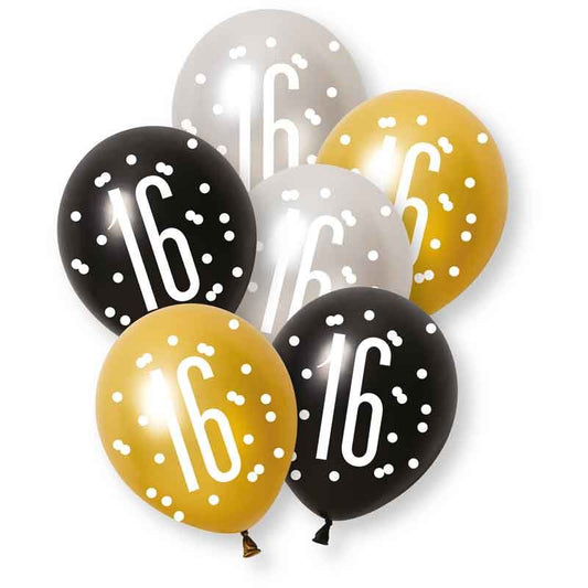 Age 16 Black, Silver, & Gold Latex Balloons 16th