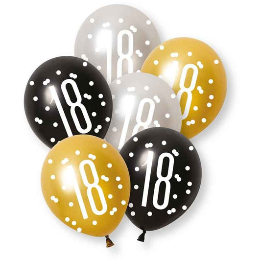 Age 18 Black, Silver, & Gold Latex Balloons 18th
