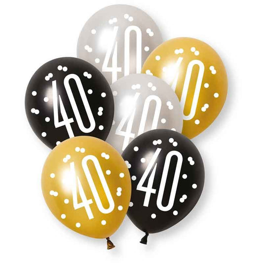 Age 40 Black, Silver, & Gold Latex Balloons 40th