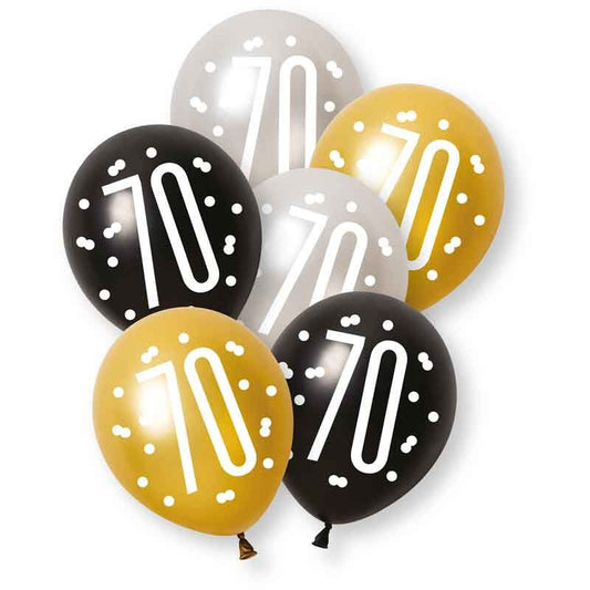 Age 70 Black, Silver, & Gold Latex Balloons 70th