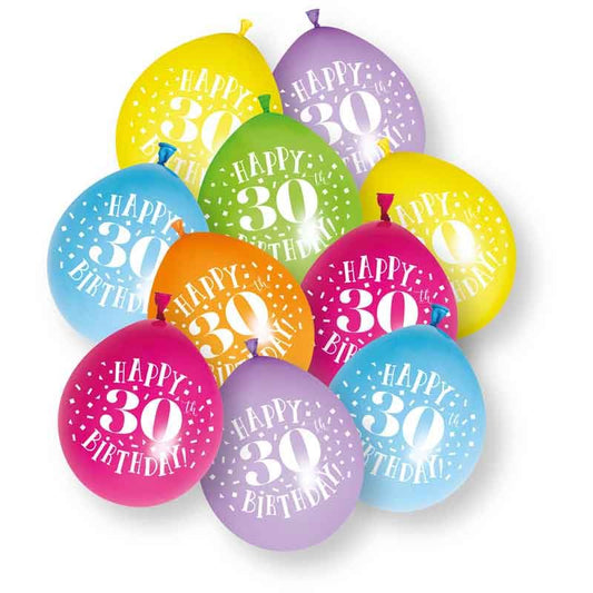 Age 30 Multicolor Birthday Balloons 10 Per Pack