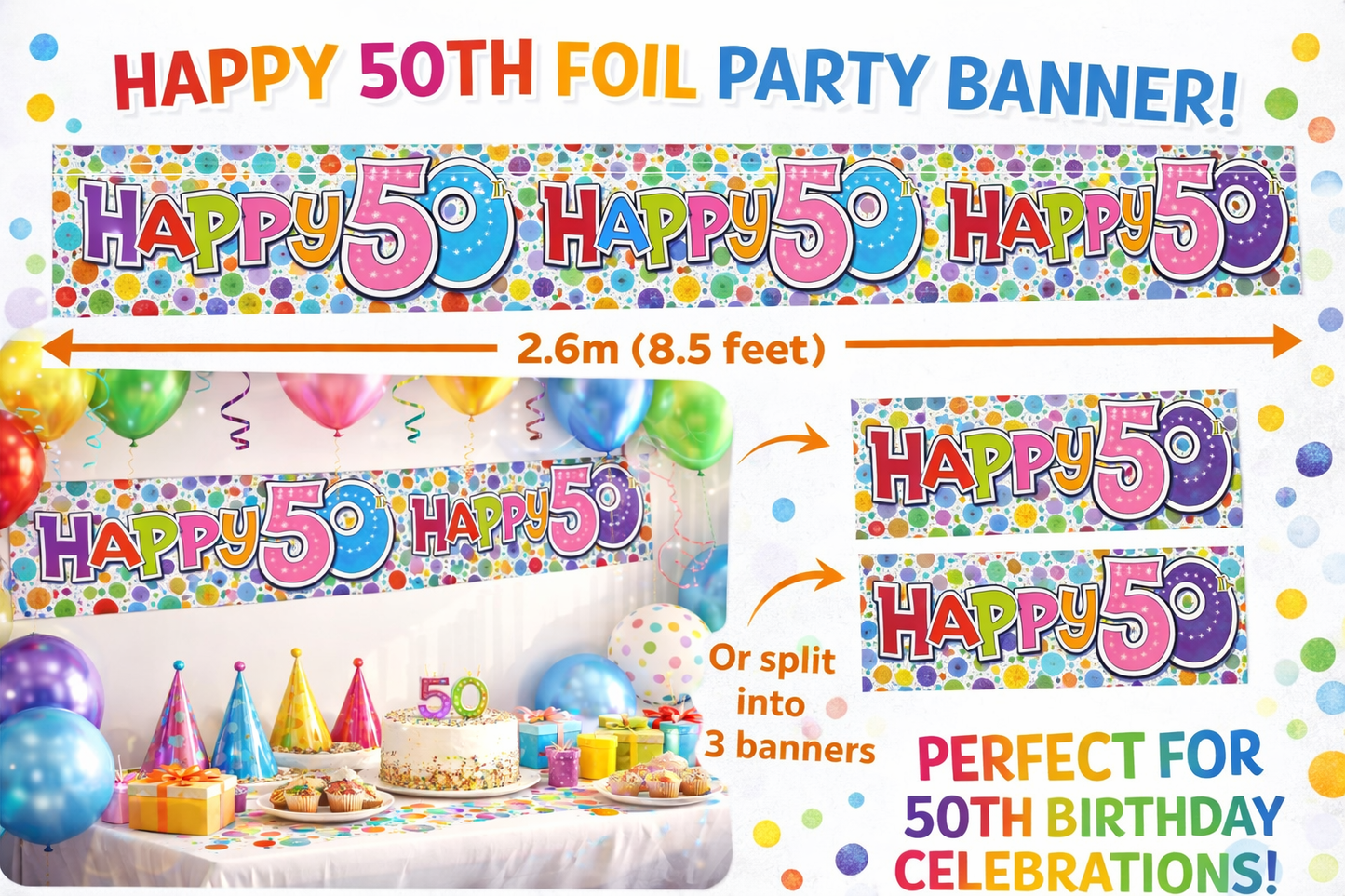 50th Birthday Extra Wide Party Banner – Holographic Sparkly Multicolour Polka Dot Unisex Recyclable Eco Friendly Decoration 2.6m x 19cm