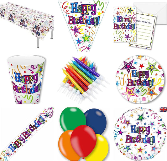 Birthday Party Decorations Bundle Kit Set Eco Friendly Rainbow Multicolour Polka Dot Star PlatesCups Napkins Tablecover Balloons Candles Banner Bunting
