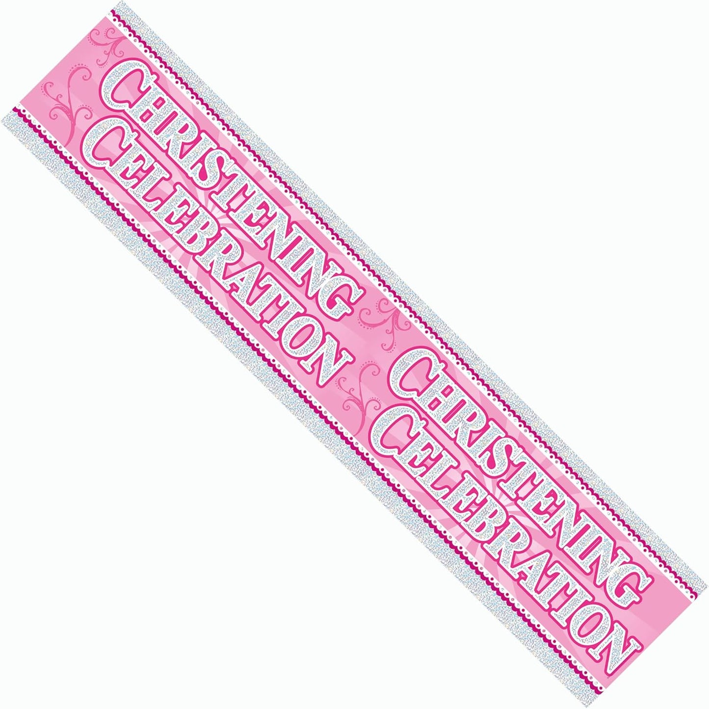 Pink Christening Banner for Girls, Extra Wide Foil Party Garland, Religious Church Decoration, Eco Friendly Recyclable Holographic Sparkly Banner, 2.7m Giant Wall Décor