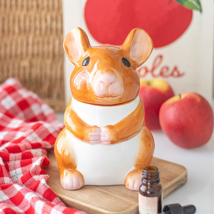 Hamster-shaped cookie jar on a wooden board with apples and a checkered cloth in the background