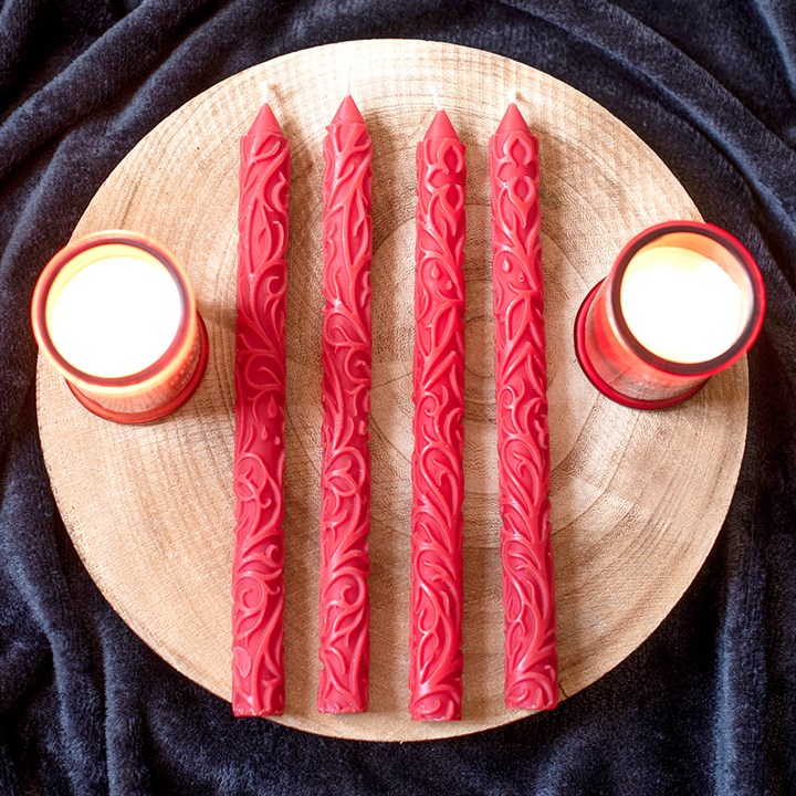 Set of 3 Red Debossed Taper Candles