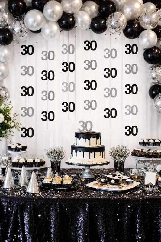 Black & Silver Hanging Swirls 30th