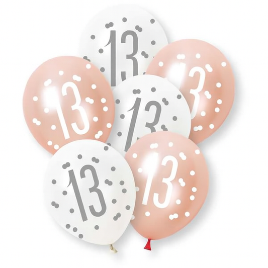 Age 13 Rose Gold & White Latex Balloons 13th
