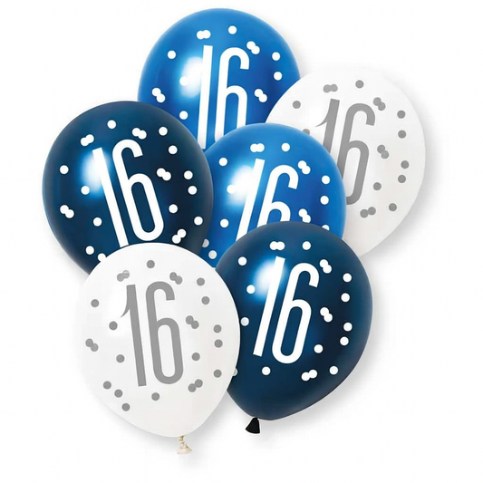 Age 16 Blue, Silver, & White Latex Balloons 16th