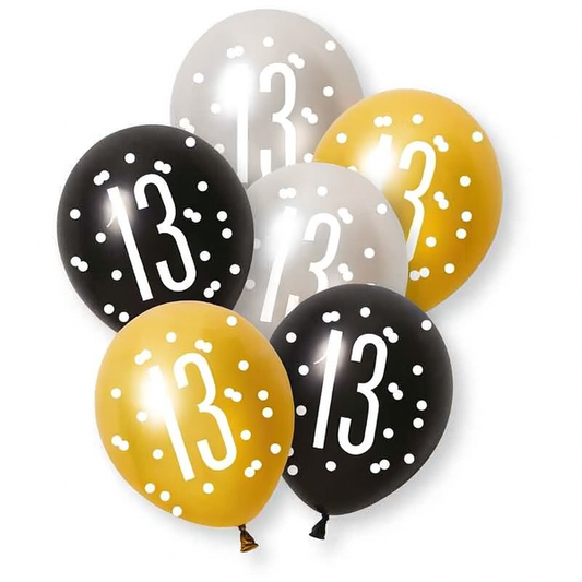 Age 13 Black, Silver, & Gold Latex Balloons 13th