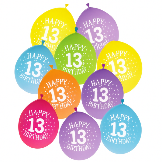 Age 13 Multicolor Birthday Balloons 10 Per Pack