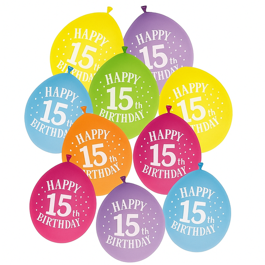 Age 15 Multicolor Birthday Balloons 10 Per Pack