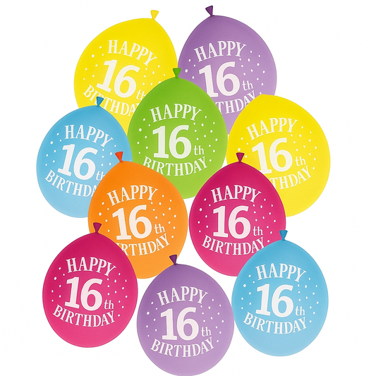 Age 16 Multicolor Birthday Balloons 10 Per Pack