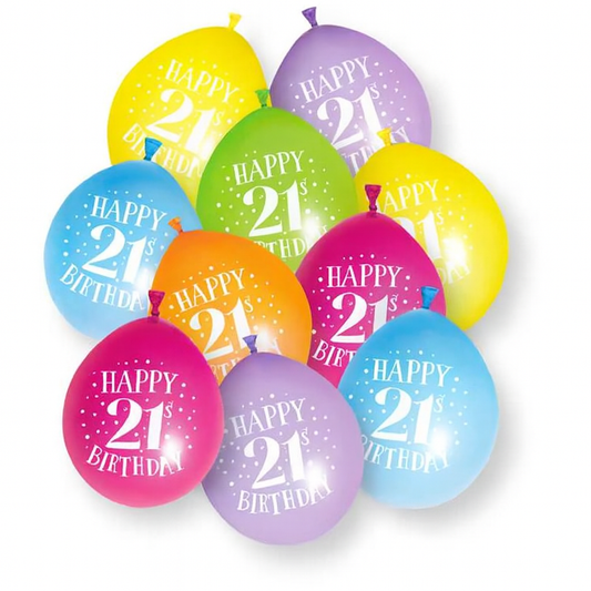 Age 21 Multicolor Birthday Balloons 10 Per Pack