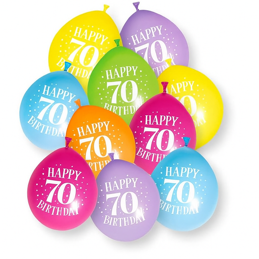 Age 70  Multicolor Birthday Balloons 10 Per Pack