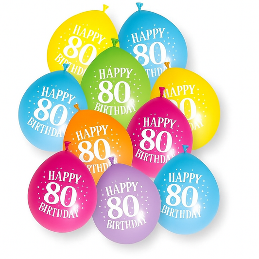 Age 80  Multicolor Birthday Balloons 10 Per Pack