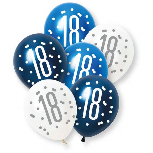 Age 18 Blue, Silver, & White Latex Balloons 18th