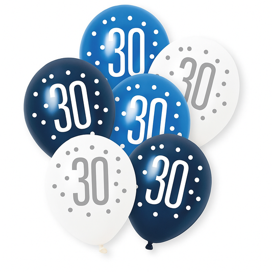 Age 30 Blue, Silver, & White Latex Balloons 30th