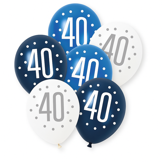 Age 40 Blue, Silver, & White Latex Balloons 40th