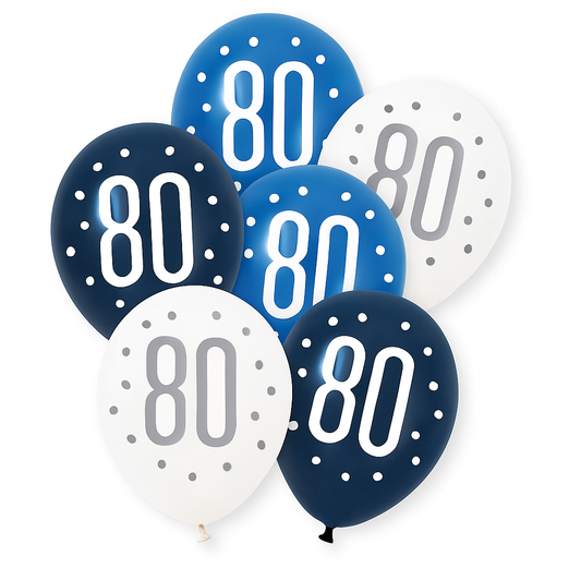 Age 80 Blue, Silver, & White Latex Balloons 80th