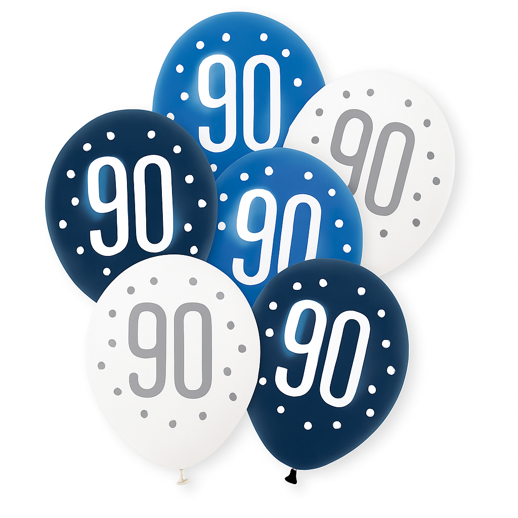 Age 90 Blue, Silver, & White Latex Balloons 90th