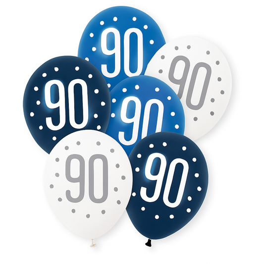 Age 90 Blue, Silver, & White Latex Balloons 90th