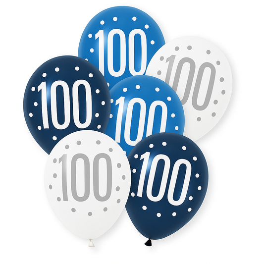 Age 100 Blue, Silver, & White Latex Balloons 100th