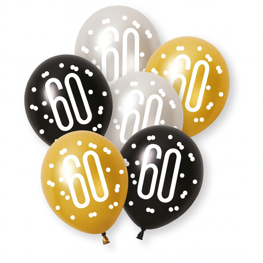 Age 60 Black, Silver, & Gold Latex Balloons 60th