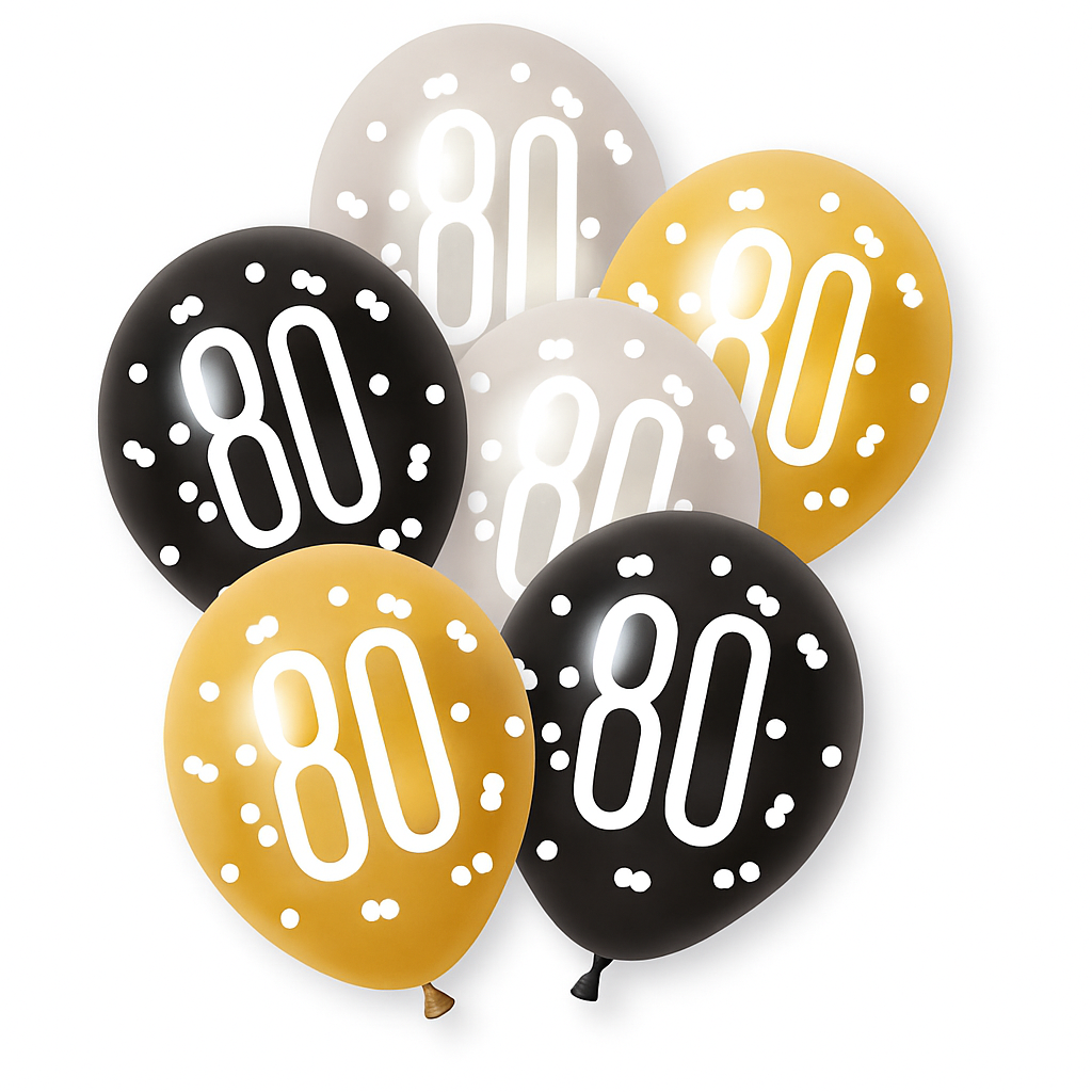 Age 80 Black, Silver, & White Gold Balloons 80th