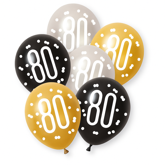 Age 80 Black, Silver, & White Gold Balloons 80th