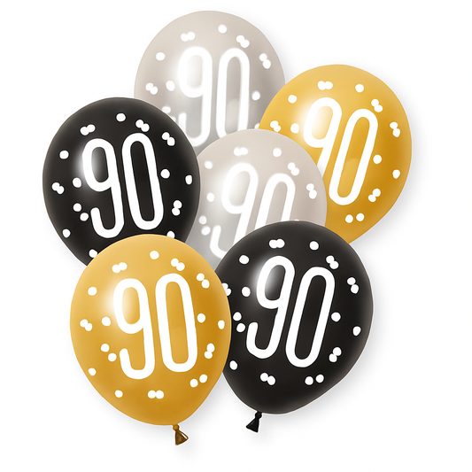 Age 90 Black, Silver, & Gold Latex Balloons 90th