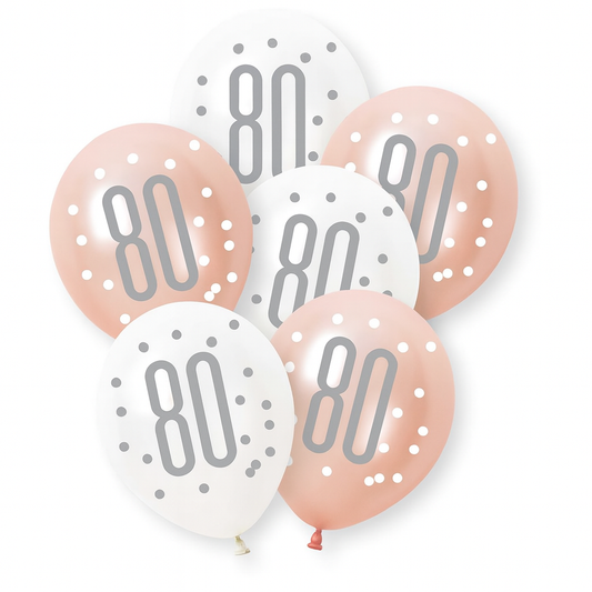Age 80 Rose Gold & White Latex Balloons 80th