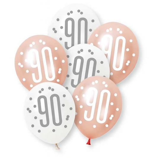 Age 90 Rose Gold & White Latex Balloons 90th