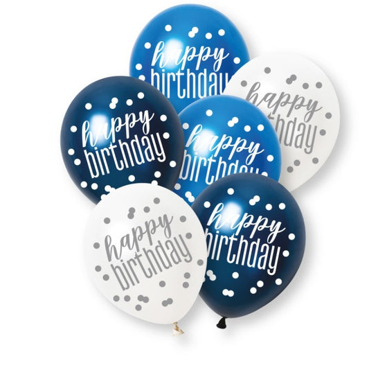 Blue, Silver, & White Latex Balloons Happy Birthday