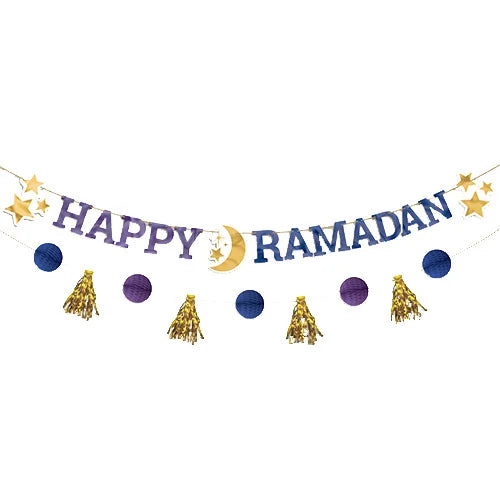 Happy Ramadan Eid Mubarak Holographic Recyclable Birthday Party Banner Bunting Eid Mubarak Glitter Paper Banner - 3.65m