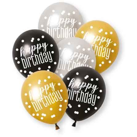 Black, Silver, & Gold Latex Balloons Happy Birthday