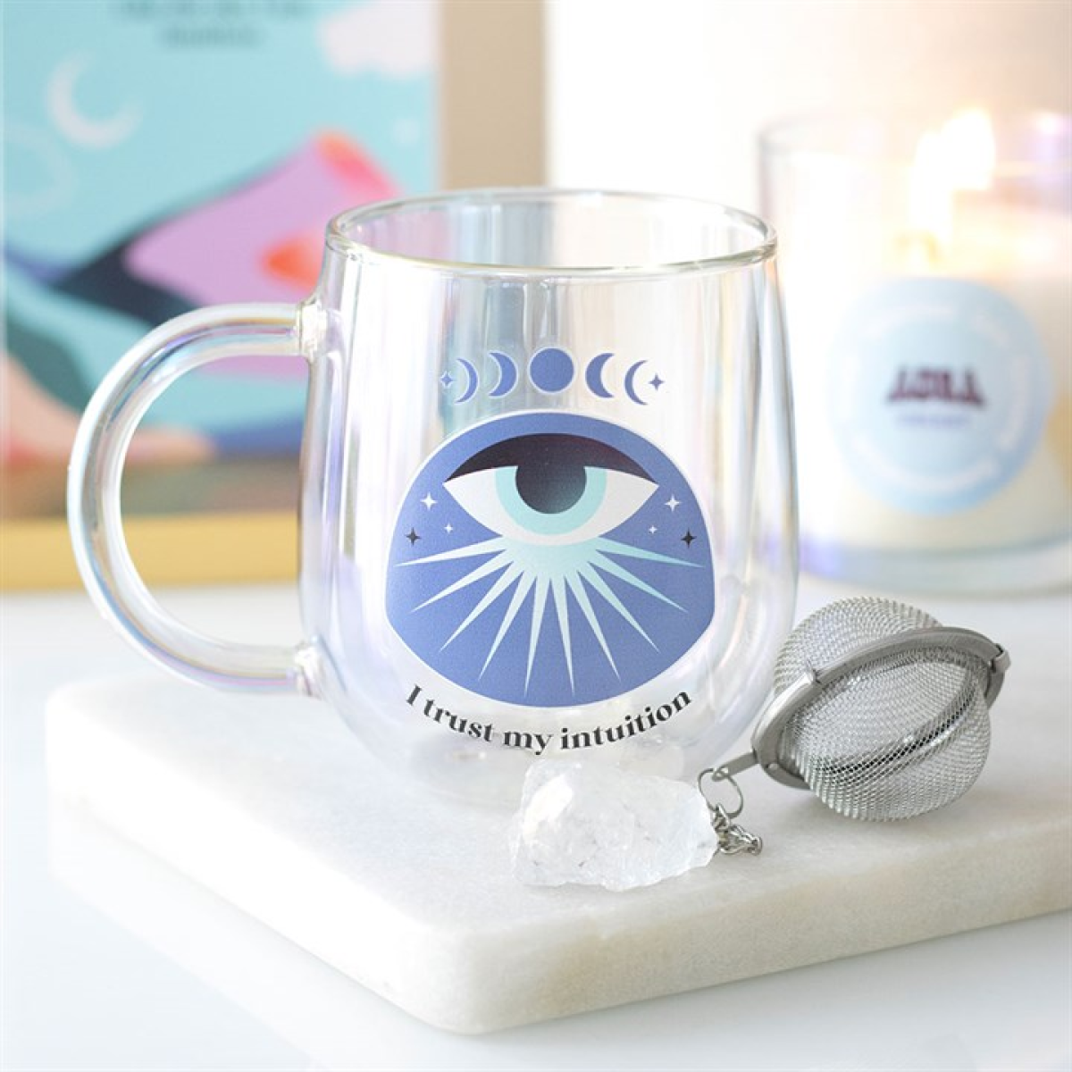 Intuition Double Walled Glass Mug with Aura Crystal Tea Infuser