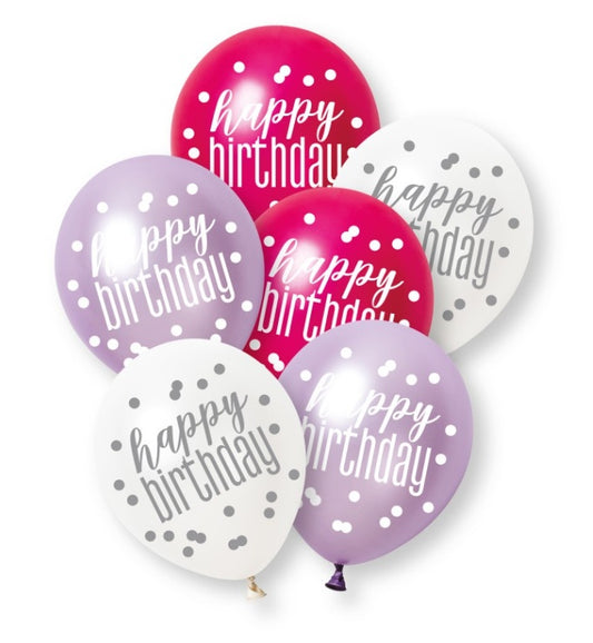 Pink, Lavender, & White Latex Balloons Happy Birthday