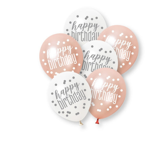 Rose Gold & White Latex Balloons Happy Birthday
