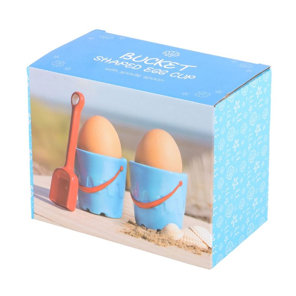 Set of 2 Bucket Shaped Ceramic Egg Cups with Spade Spoons