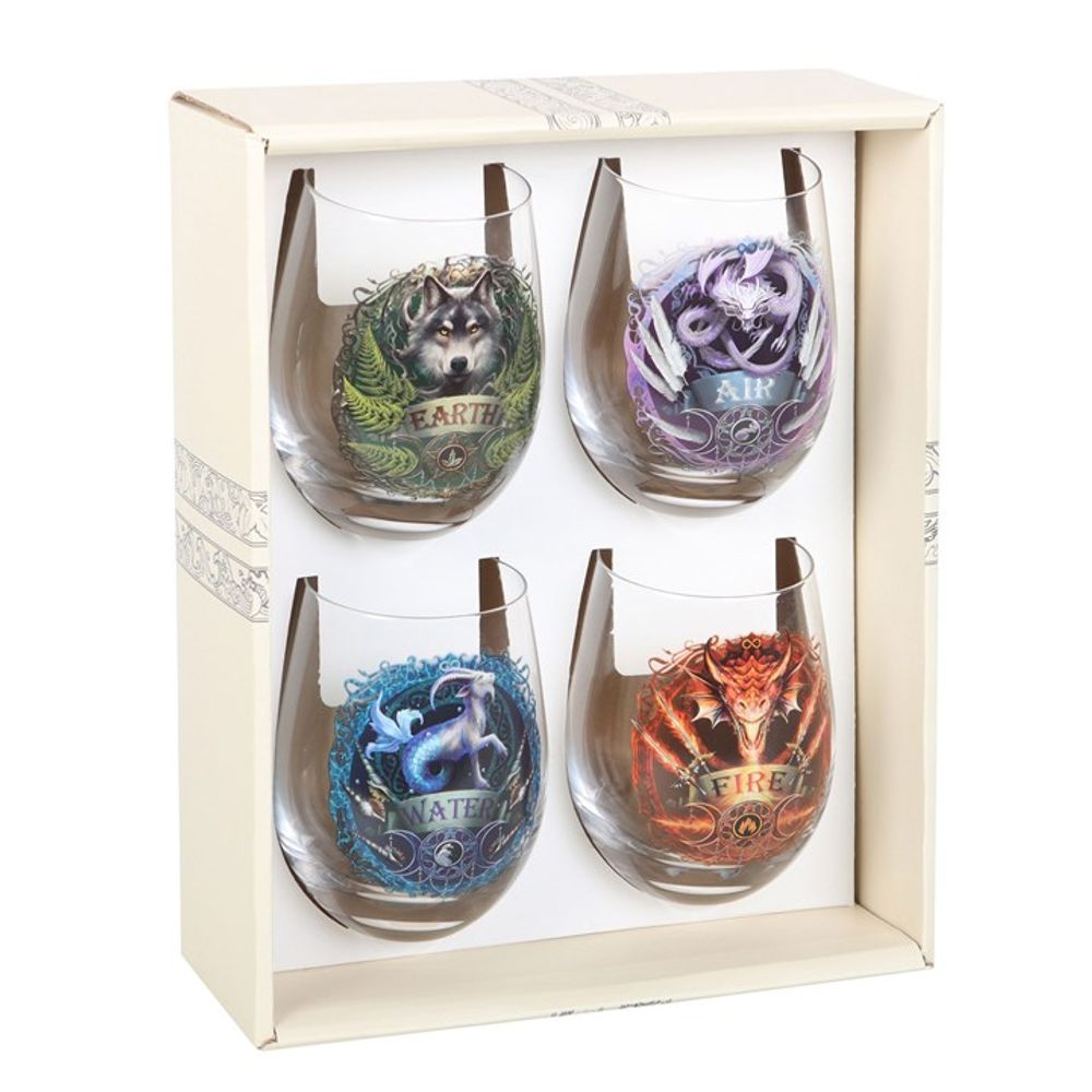 Set of 4 Elemental Stemless Wine Glasses by Anne Stokes