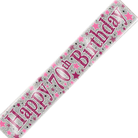 Age 70 Birthday Banner Pink And Silver Star Holographic Recyclable 70th Birthday Party Banner