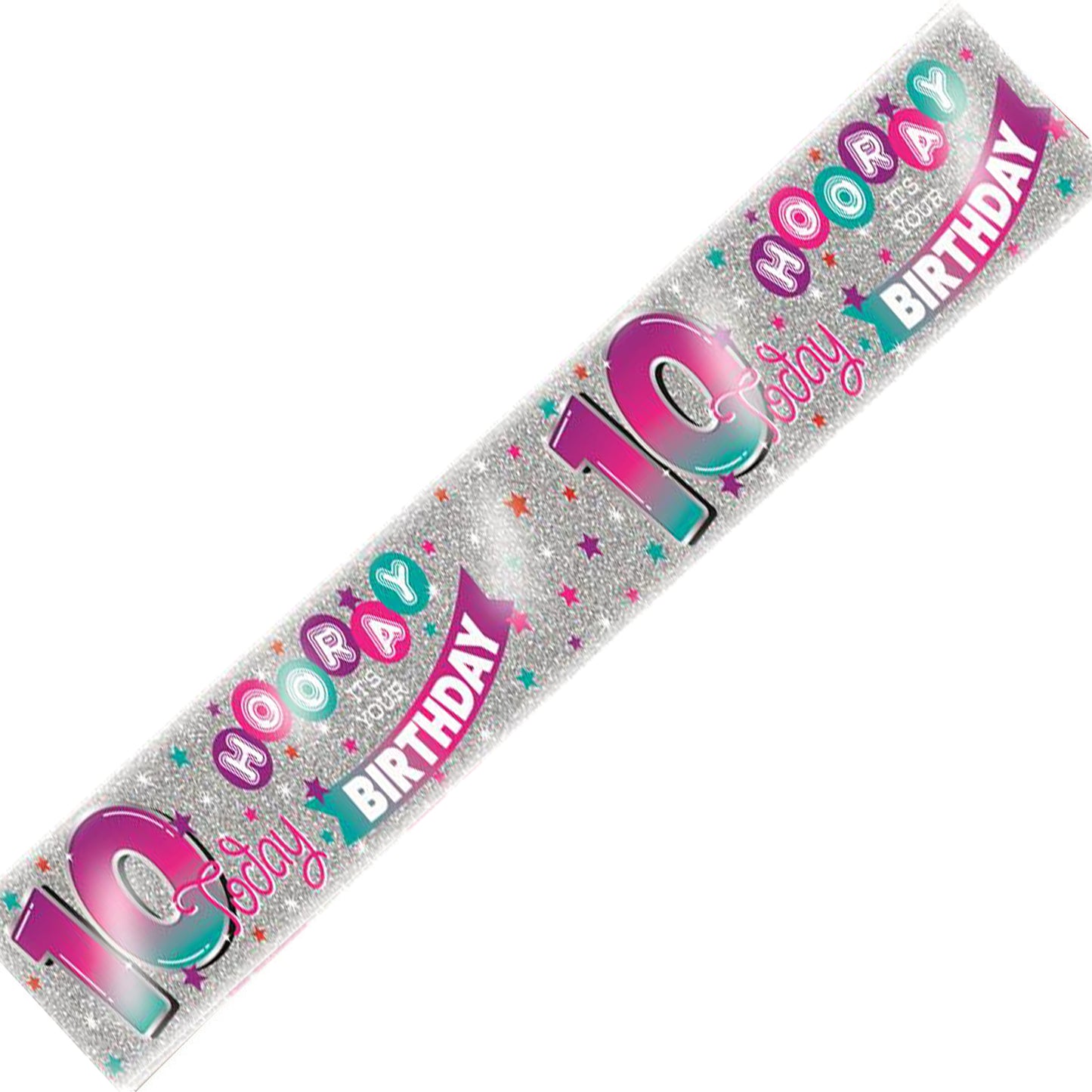Age 10 Birthday Banner Pink, Purple And Silver Holographic Recyclable 10th Birthday Party Banner