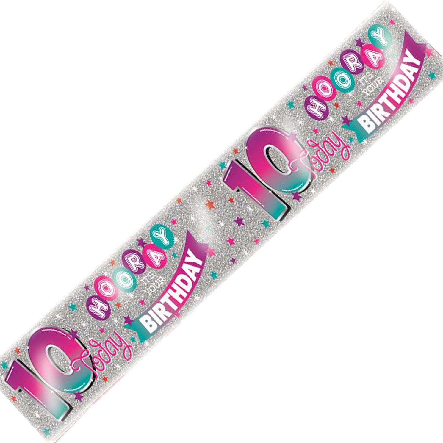 Age 10 Birthday Banner Pink, Purple And Silver Holographic Recyclable 10th Birthday Party Banner