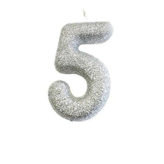 Age 5 Glitter Numeral Moulded Pick Candle Silver