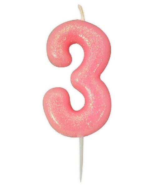 Age 3 Glitter Numeral Moulded Pick Candle Pink
