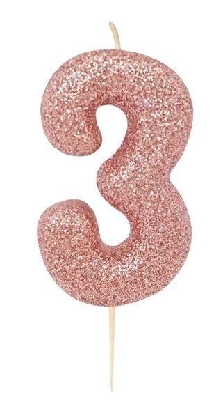 Age 3 Glitter Numeral Moulded Pick Candle Rose Gold