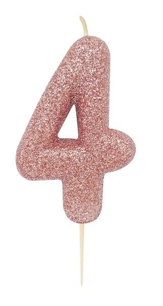 Age 4 Glitter Numeral Moulded Pick Candle Rose Gold