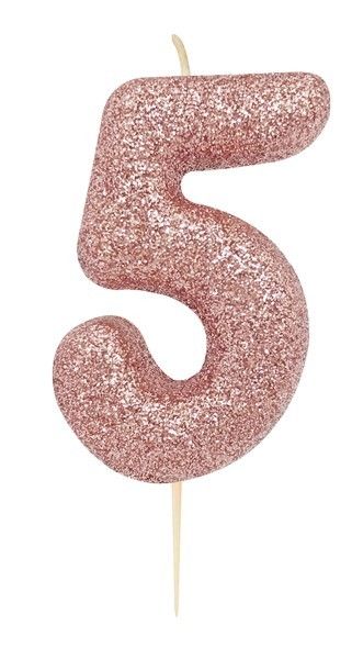 Age 5 Glitter Numeral Moulded Pick Candle Rose Gold