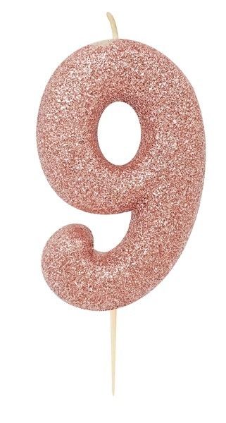 Age 9 Glitter Numeral Moulded Pick Candle Rose Gold